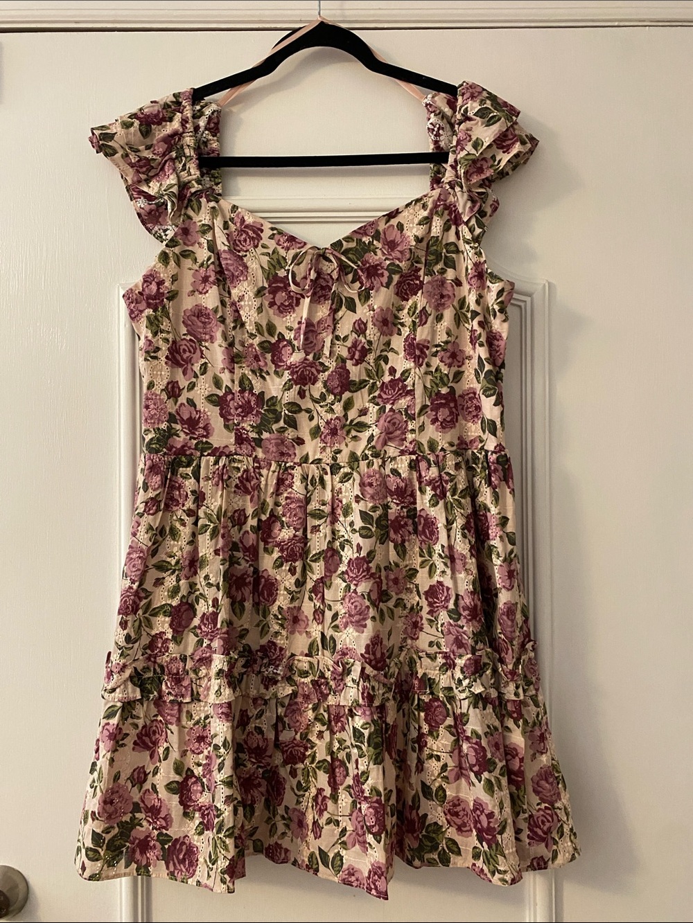 Francesca's Collections Cream Dress with Purple Rose Print on embroidered stripe